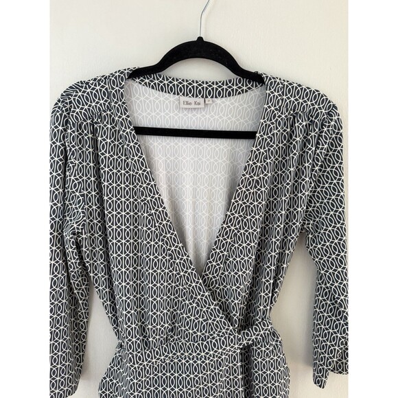 ELLIE KAI Women’s 2 Wrap Dress Black/Blue White V-Neck 3/4 Sleeve Knee Length - Picture 3 of 7